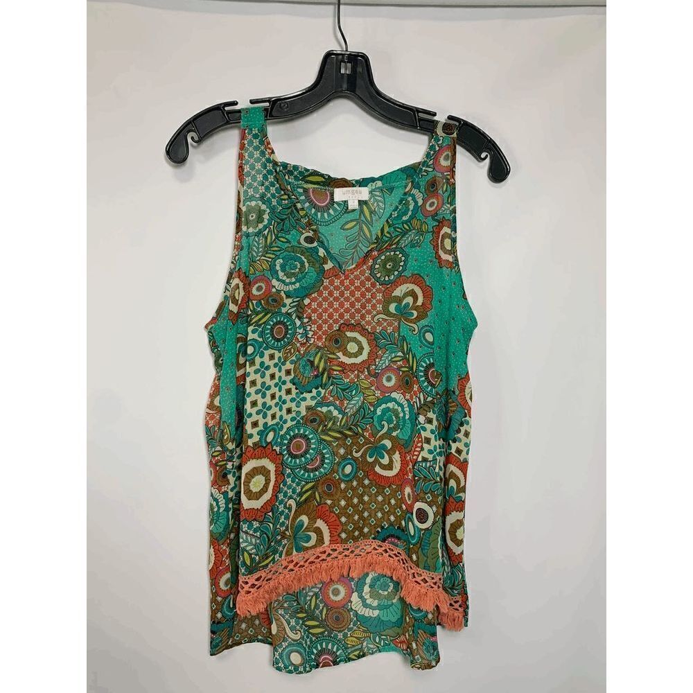 Umgee Women's Sleeveless Sheer Floral V-Neck Crochet Hem Racerback Green Top Siz